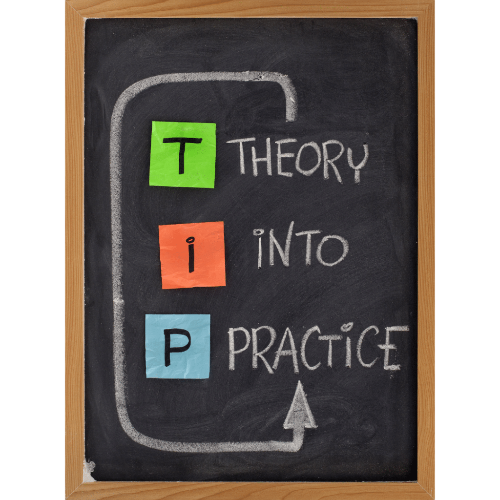 Zelfvertrouwen een krijtbord met de tekst theory into practice